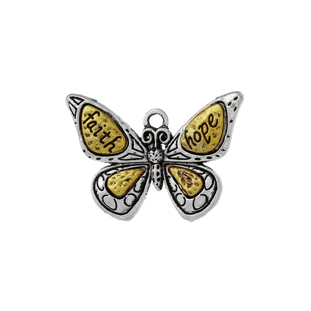 5 Pcs Tibetan Silver BUTTERFLY SILVER & GOLD TONE "FAITH & HOPE" 31mm x 22mm Charms Pendants