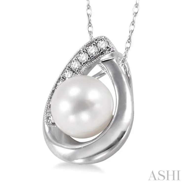 6.5 MM Cultured Pearl and 1/20 Ctw Round Cut Diamond Pendant in 10K White Gold with Chain