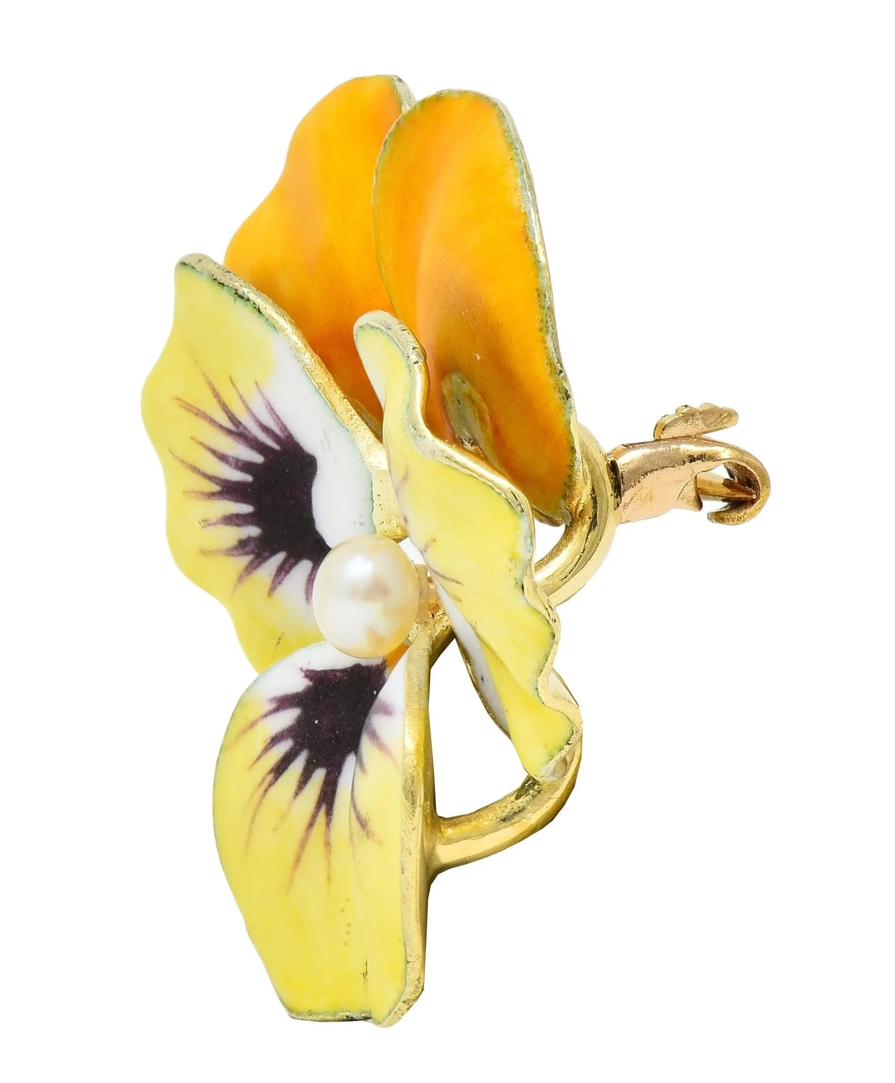 A.J. Hedges Art Nouveau Yellow Enamel Pearl 14 Karat Yellow Gold Antique Pansy Flower Brooch