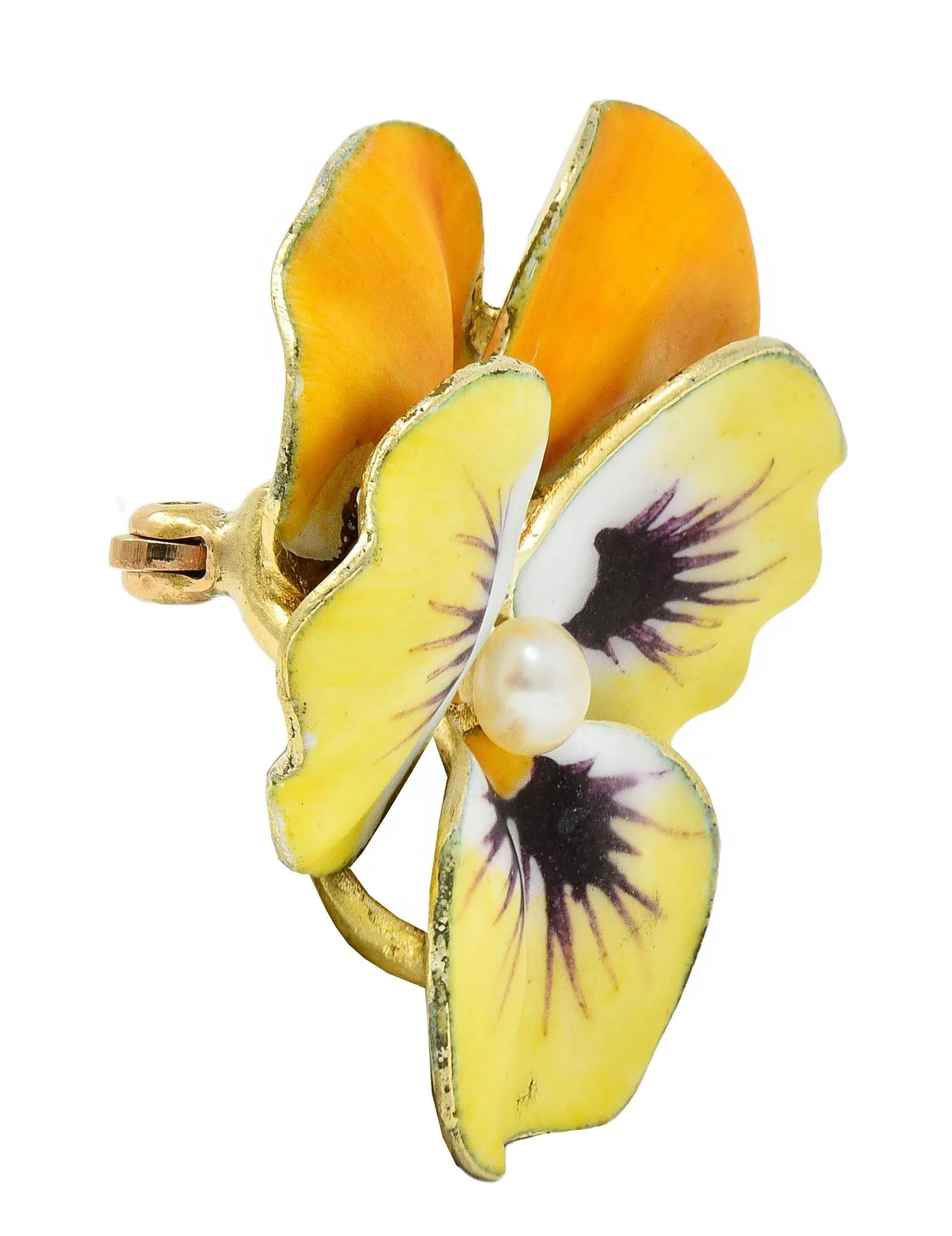 A.J. Hedges Art Nouveau Yellow Enamel Pearl 14 Karat Yellow Gold Antique Pansy Flower Brooch