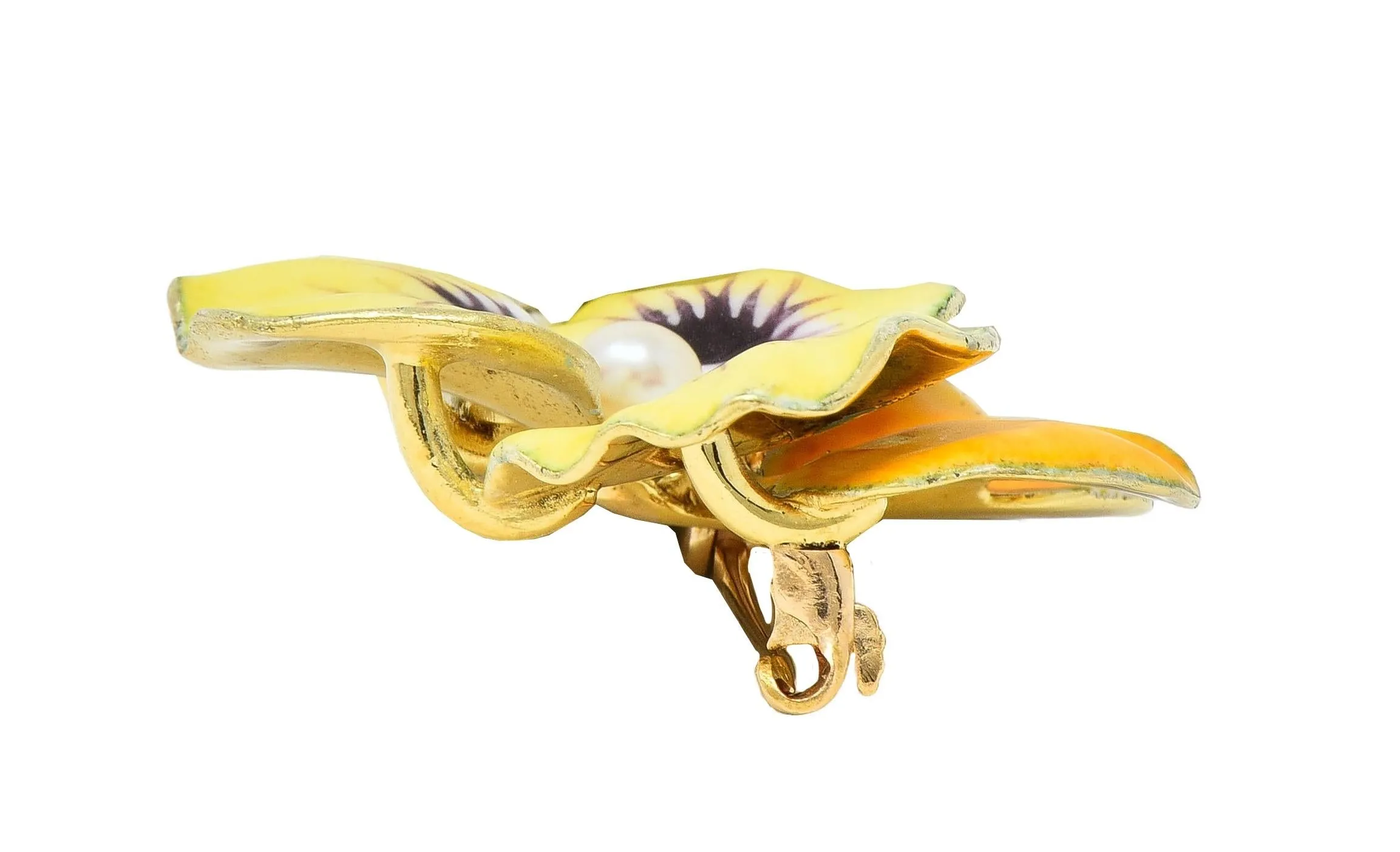 A.J. Hedges Art Nouveau Yellow Enamel Pearl 14 Karat Yellow Gold Antique Pansy Flower Brooch