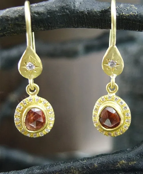 Annie Fensterstock 18K Yellow Gold, Orange Sapphire and Diamond Earrings