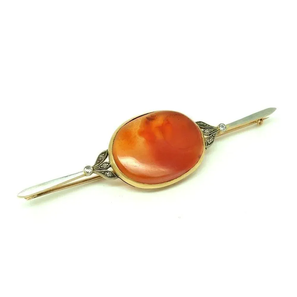 Antique Victorian Diamond Carnelian 15ct Yellow Gold Brooch