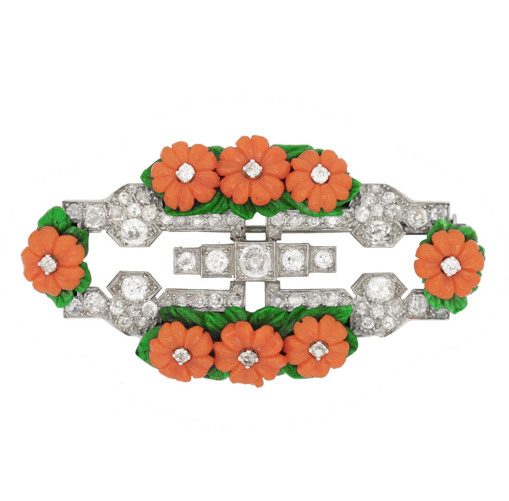 Art Déco platinum diamond, coral and malachite brooch, 1925 c.a.