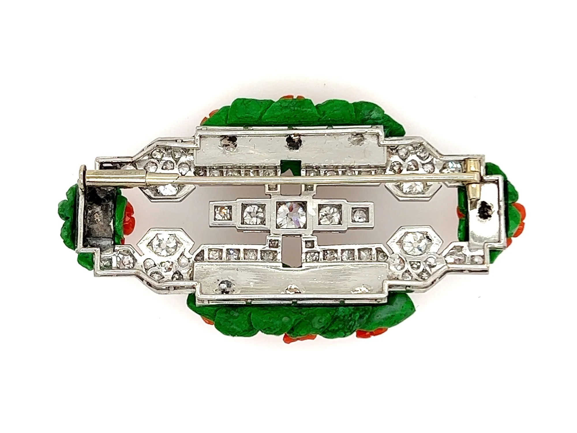 Art Déco platinum diamond, coral and malachite brooch, 1925 c.a.