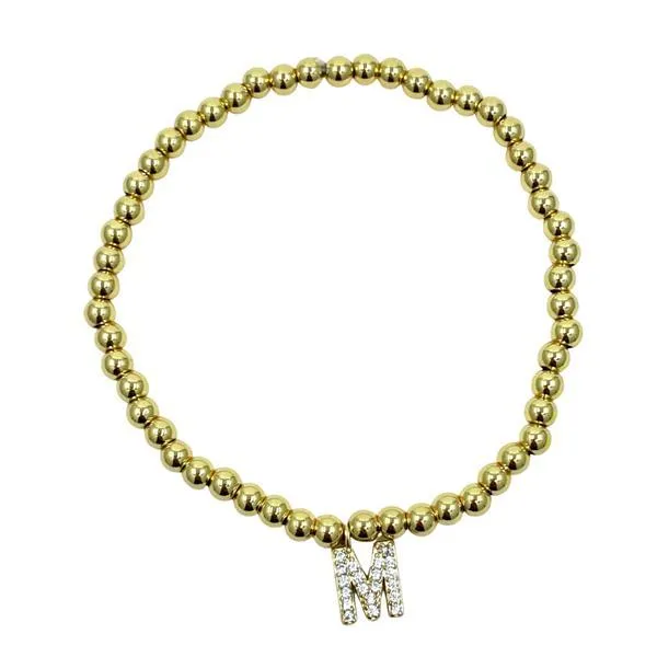 Beaded Bracelets With Pave Initials: M-R :Sterling or Vermeil Charms (BS45_ Or BG45_)