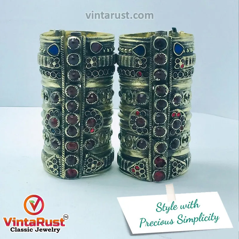 Big Massive Antique Cuff Bracelet With Glass Stones