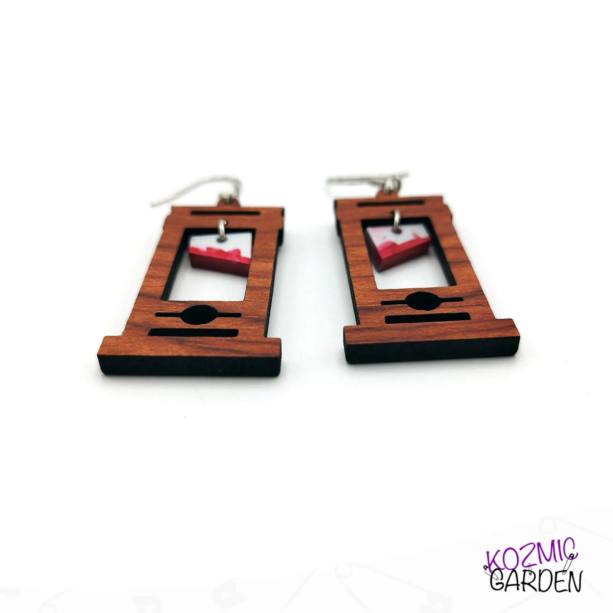 Bloody Wooden Guillotine Earrings – Off with Their Heads!