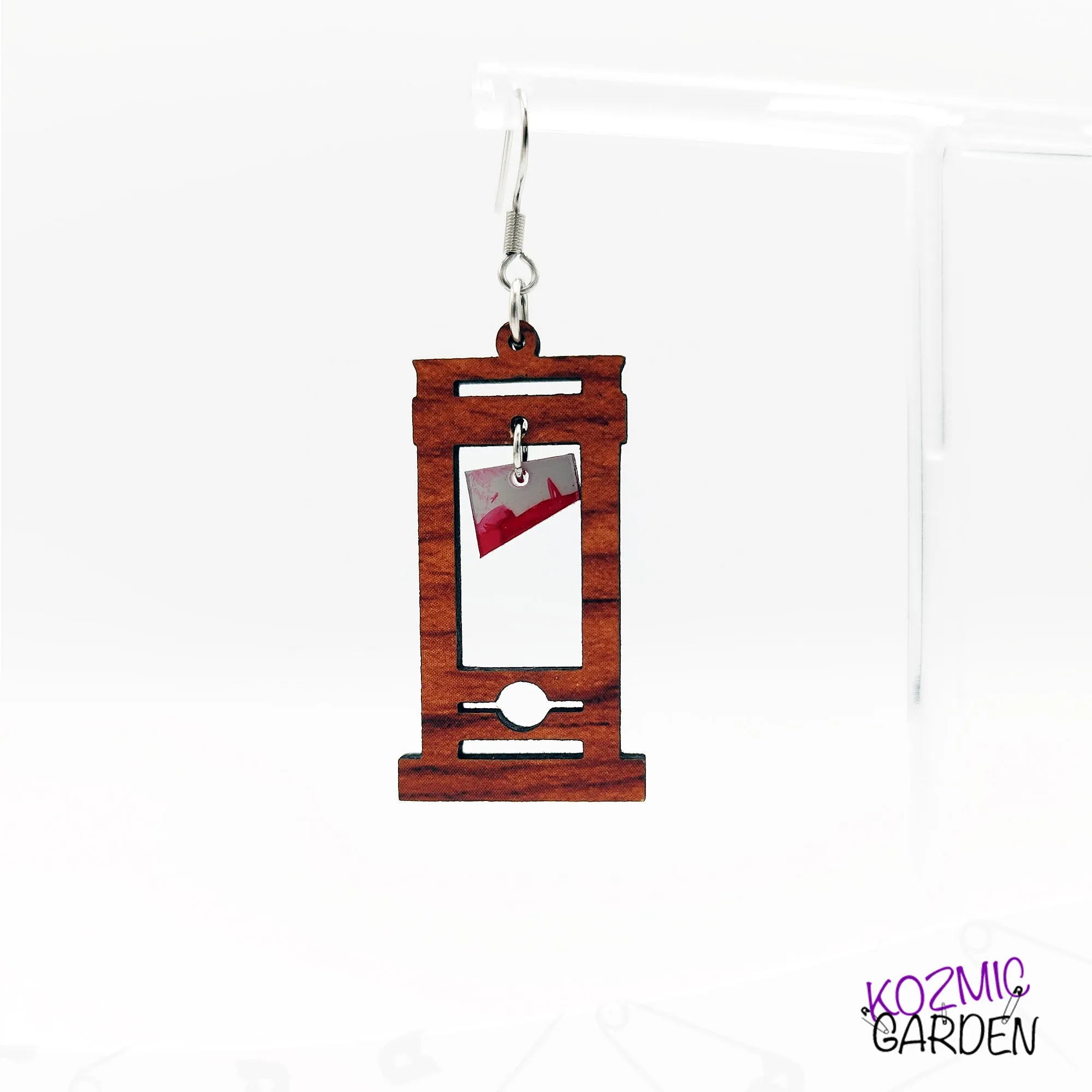 Bloody Wooden Guillotine Earrings – Off with Their Heads!