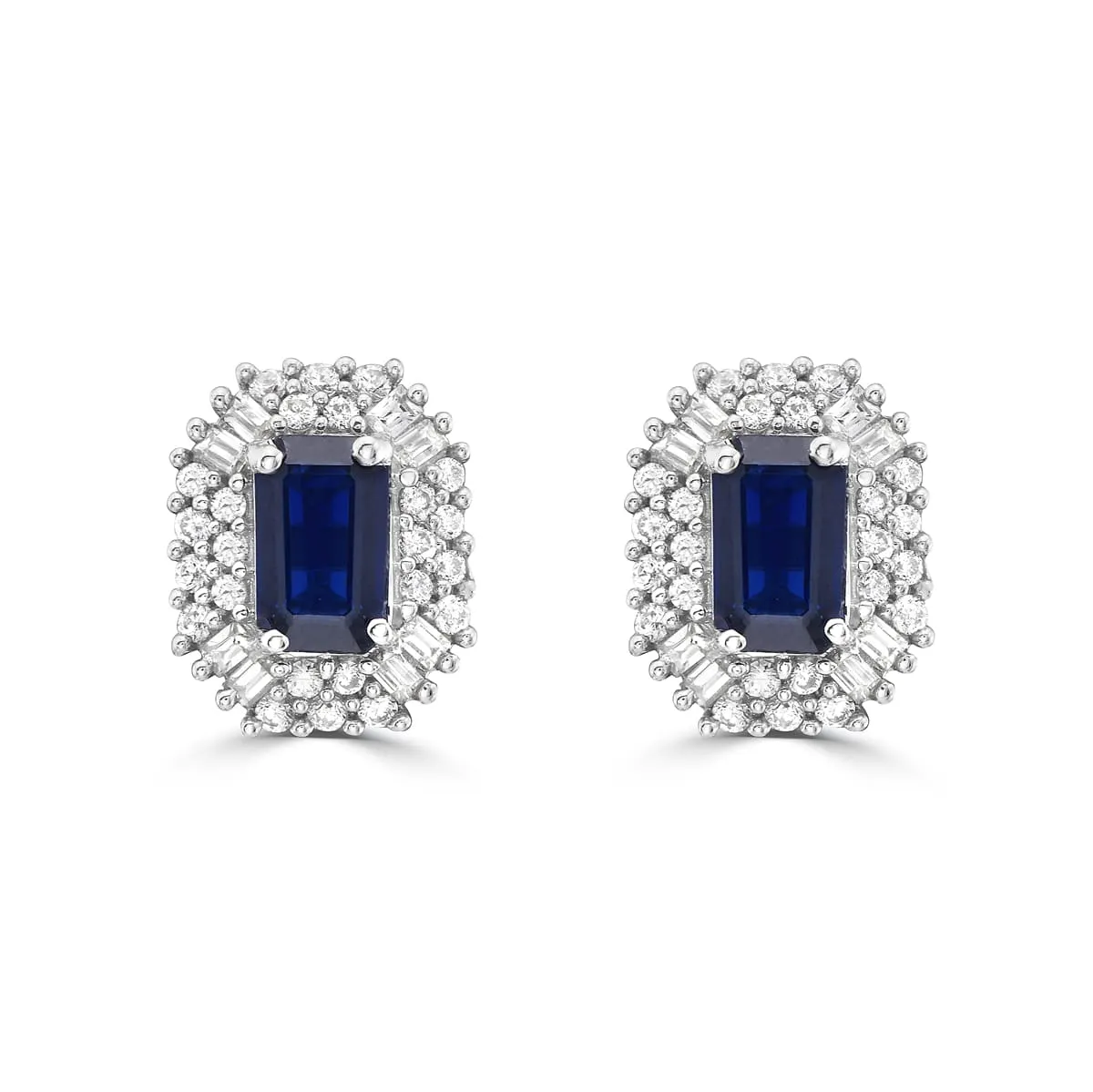 Blue Sapphire and Diamond Double Halo Stud Earrings