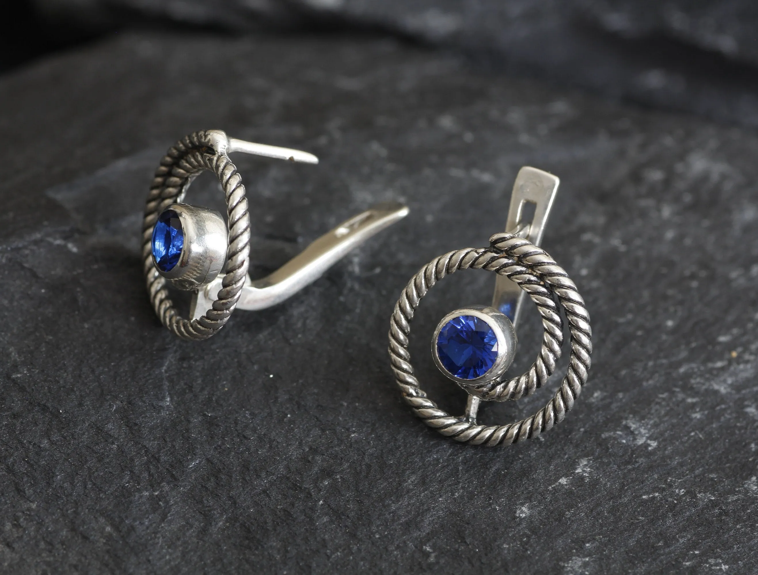 Blue Swirl Earrings - Spiral Sapphire Earrings, Large Swirl Studs