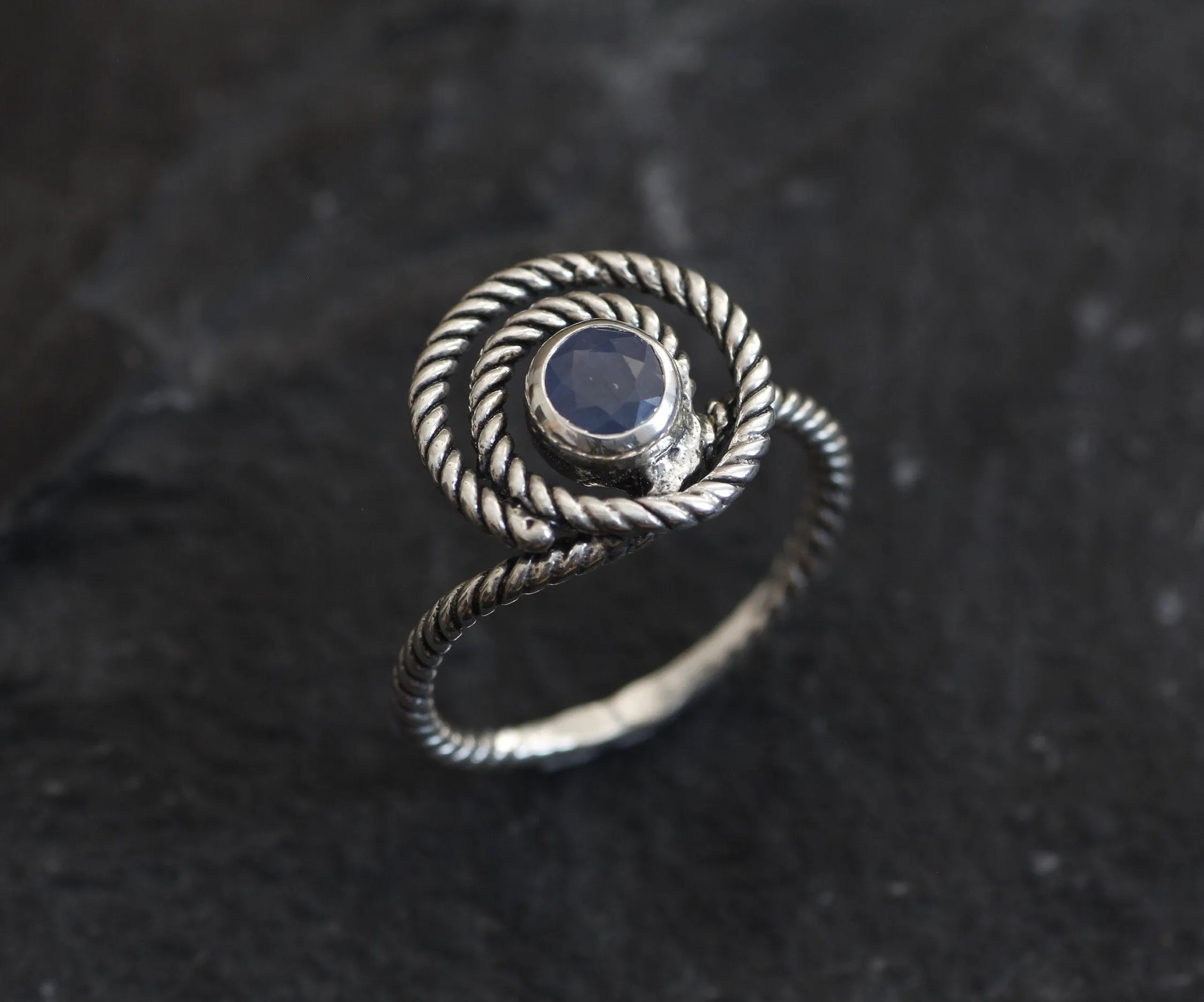 Blue Swirl Ring - Natural Sapphire Band, Blue Spiral Ring