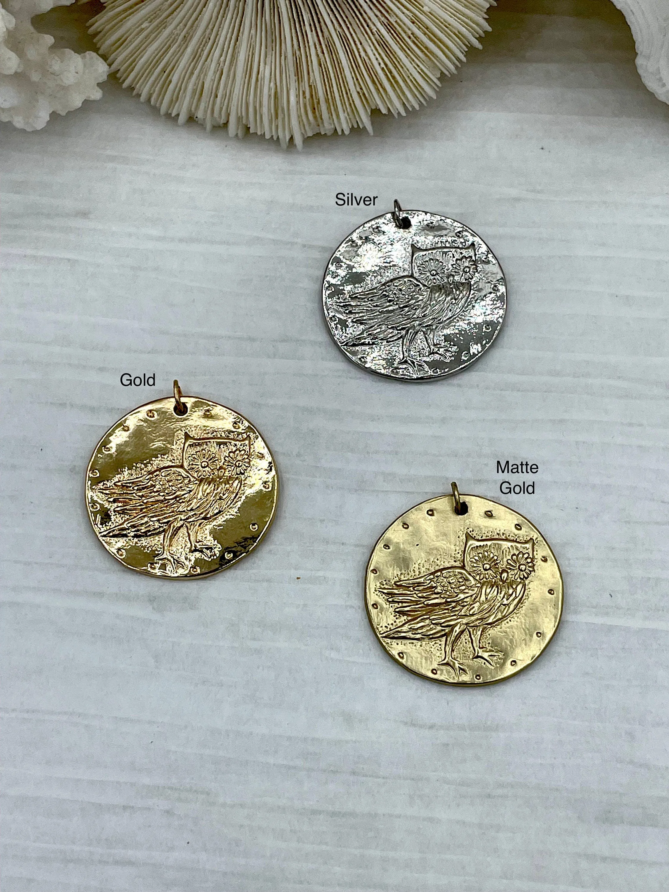 Brass Owl Pendant, Gold plating, Rhodium or Matte Gold. Owl Charm, Bird Charm, Owl Coin Charm, Coin Charms Fast Ship