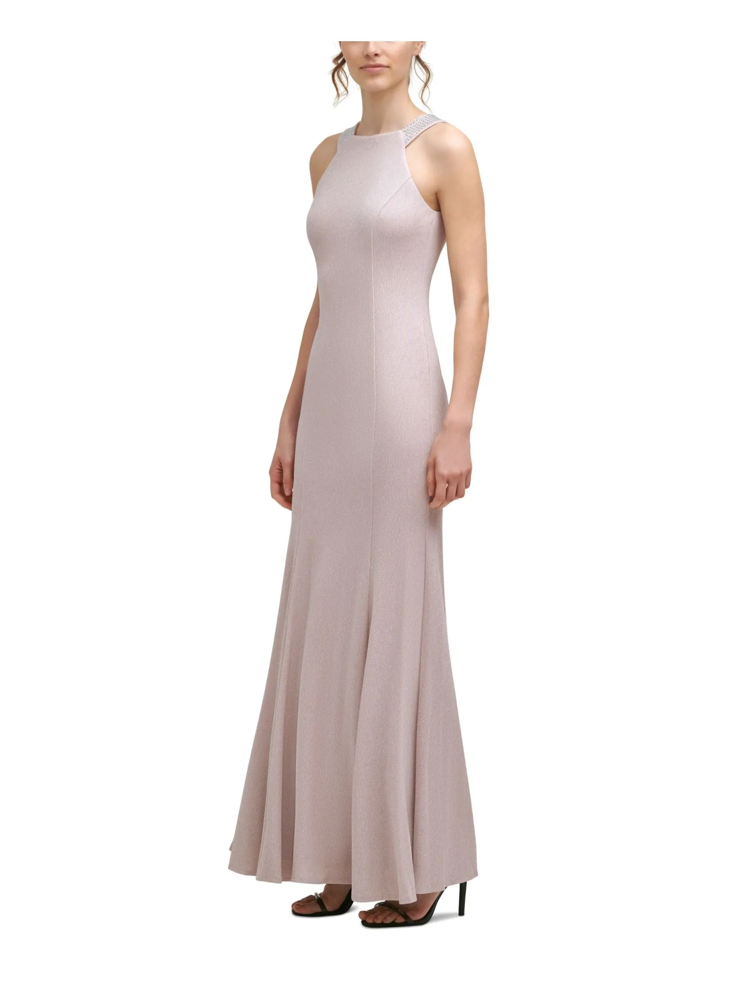 CALVIN KLEIN Womens Beige Stretch Zippered Embellished Halter Full-Length Evening Gown Dress