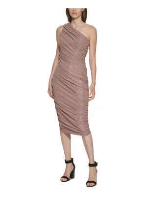 CALVIN KLEIN Womens Brown Zippered Metallic Sleeveless Asymmetrical Neckline Midi Cocktail Body Con Dress