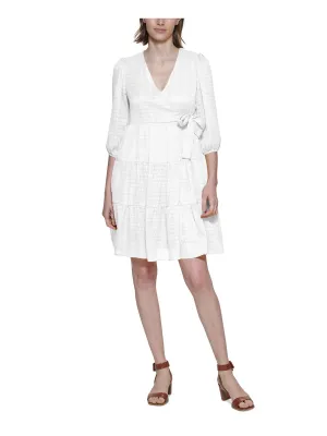 CALVIN KLEIN Womens Ivory Sheer Metallic Tie Faux-wrap Styling Tiered 3/4 Sleeve V Neck Above The Knee A-Line Dress