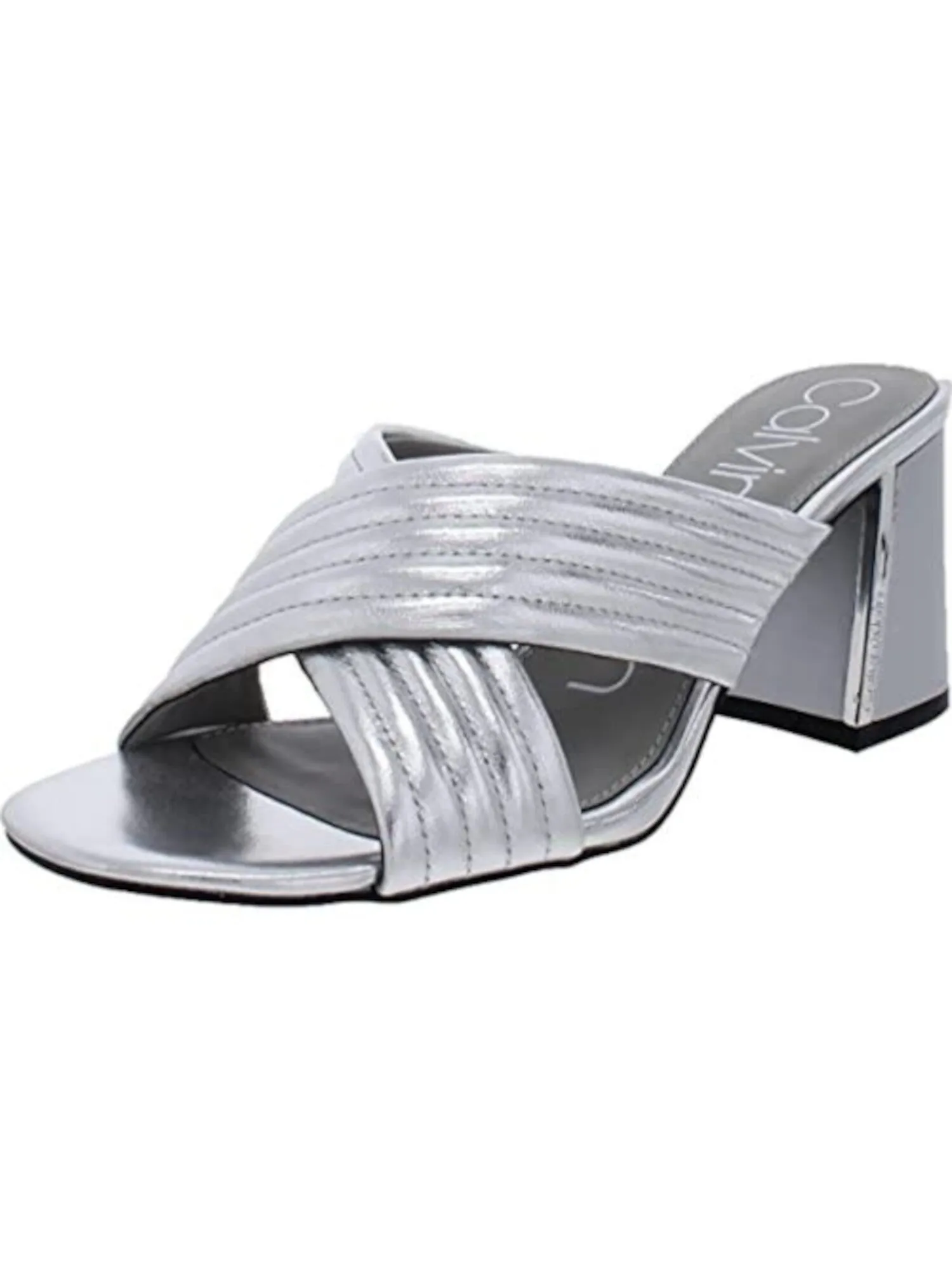 CALVIN KLEIN Womens Silver Logo Metallic Roena Round Toe Flare Slip On Leather Dress Heeled Mules Shoes M