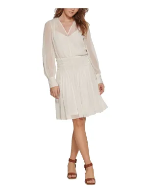 CALVIN KLEIN Womens White Lined Metallic Smocked Button Sleeve Blouson Sleeve V Neck Knee Length Fit   Flare Dress