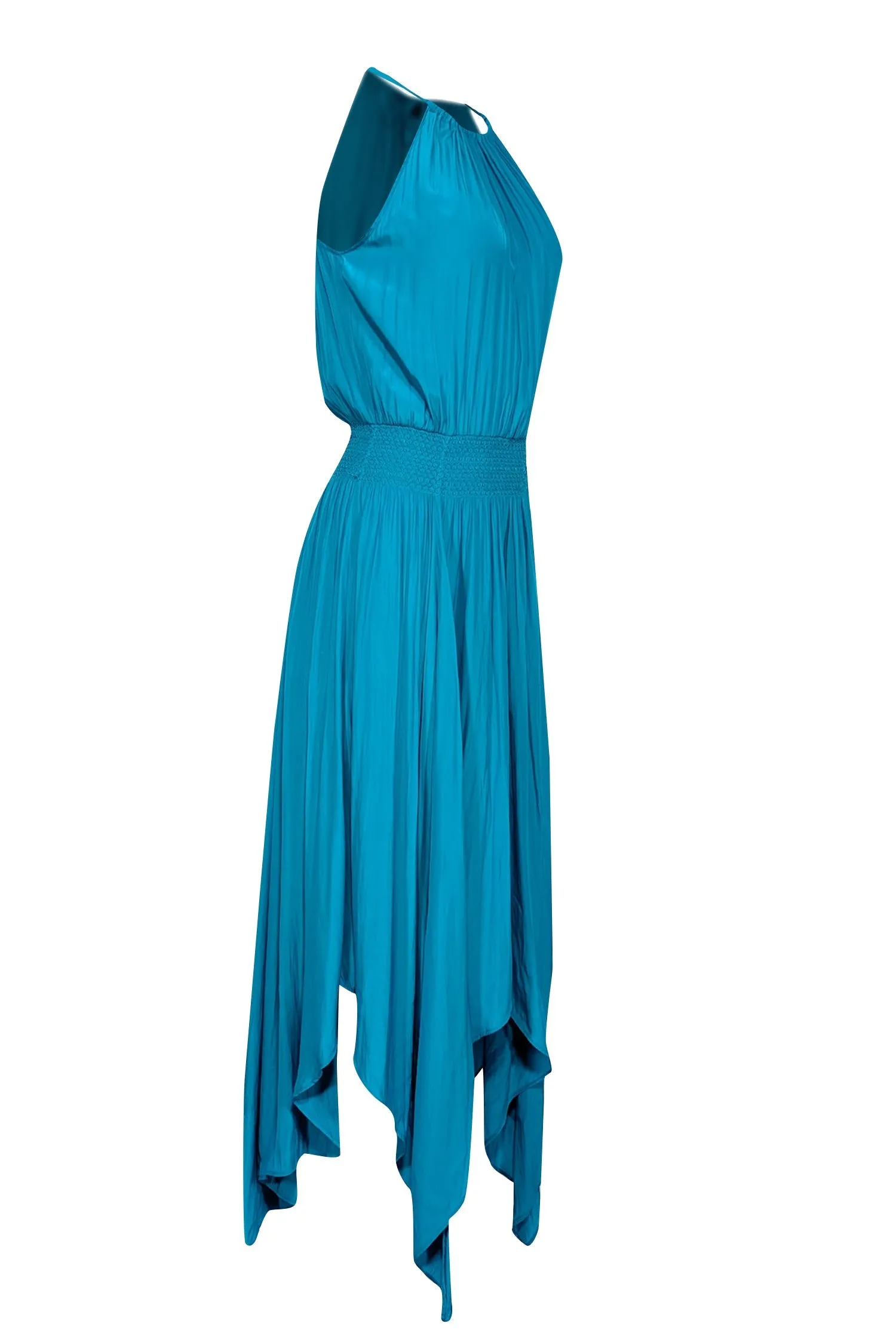 Calypso - Turquoise Satin Pleated Halter Neck Dress Sz S