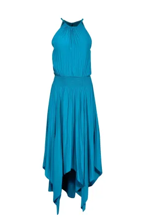 Calypso - Turquoise Satin Pleated Halter Neck Dress Sz S