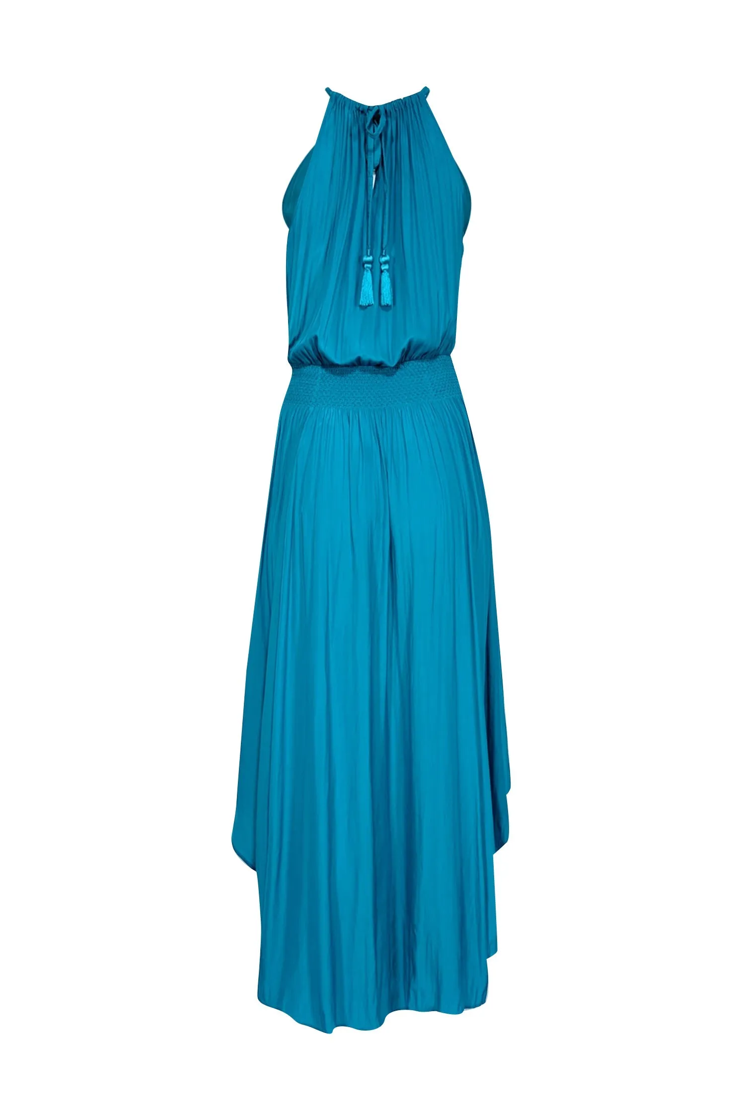 Calypso - Turquoise Satin Pleated Halter Neck Dress Sz S