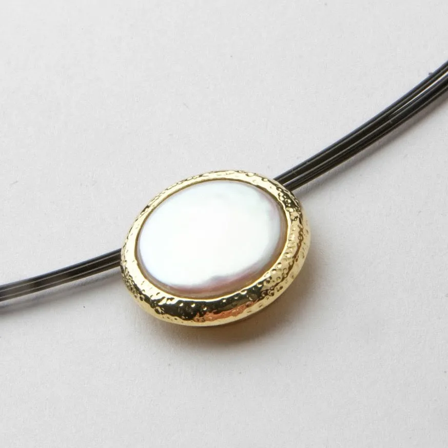 Caribbean Dreams 18K Yellow Gold Bezel Coin Pearl Slide on Black Stainless Steel Cable