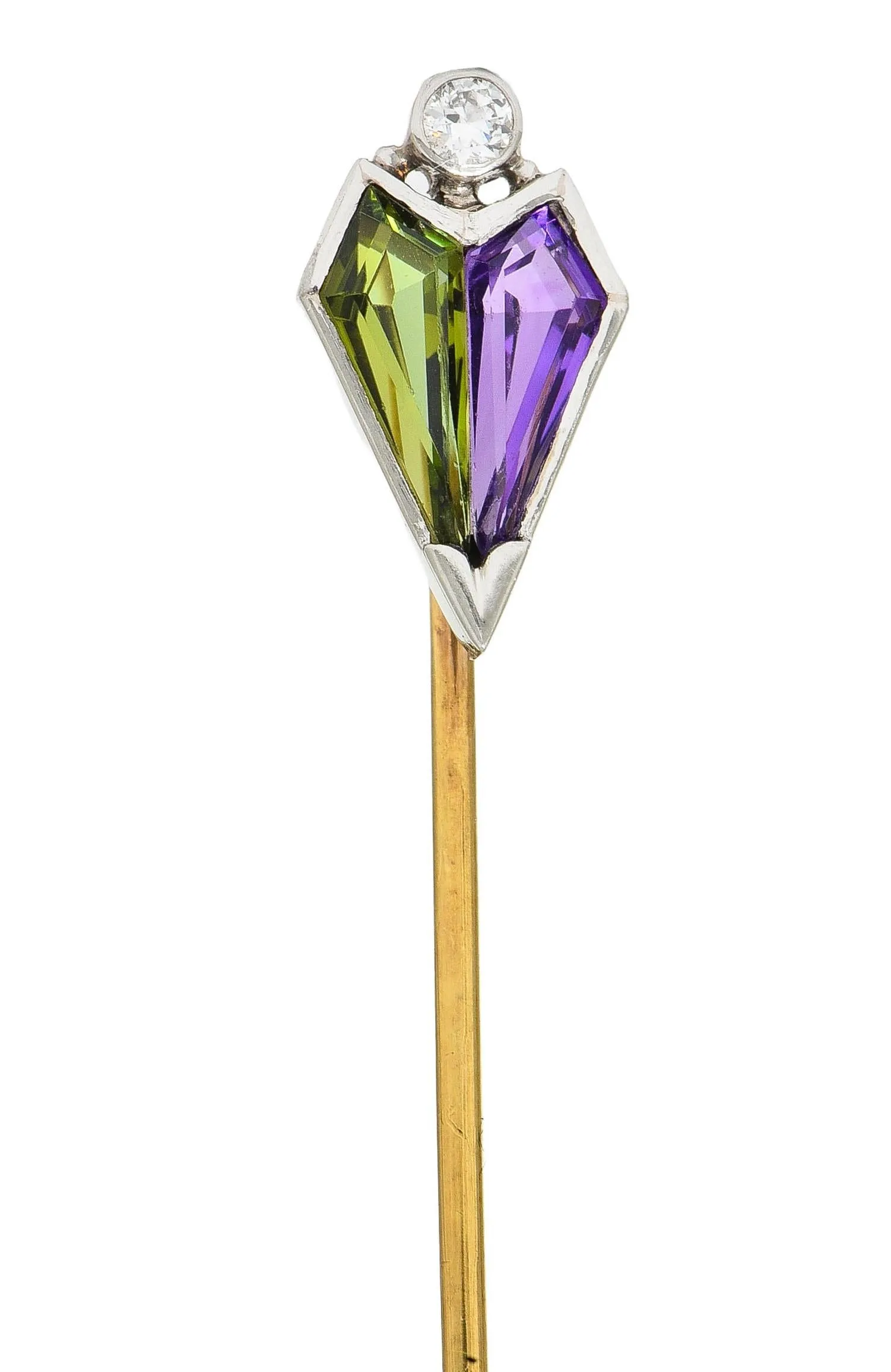 Carter Gough & Co. Art Deco Diamond Amethyst Tourmaline Platinum 14 Karat Gold Antique Stickpin