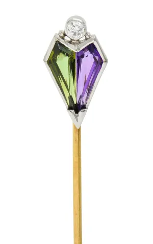 Carter Gough & Co. Art Deco Diamond Amethyst Tourmaline Platinum 14 Karat Gold Antique Stickpin