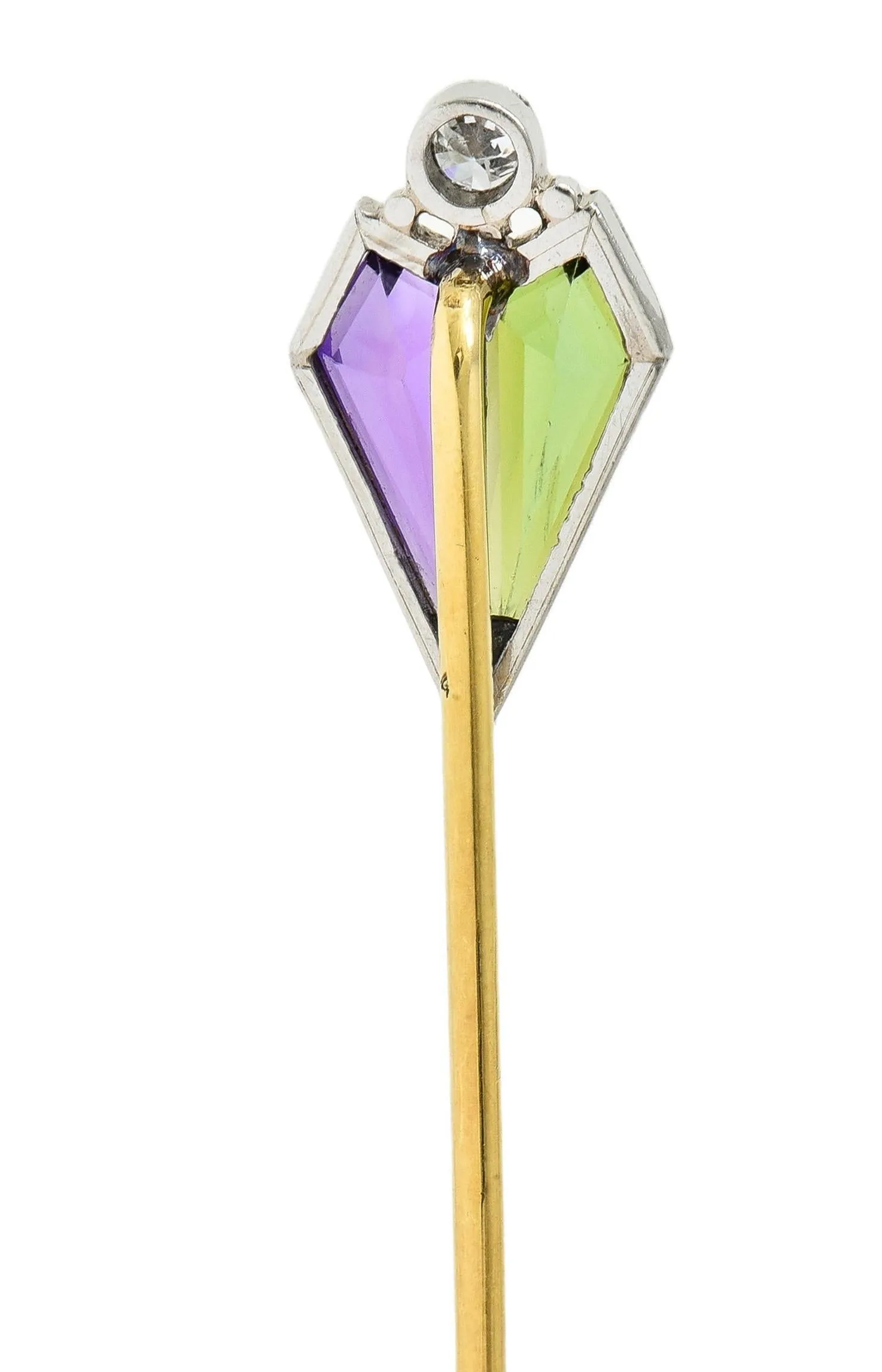 Carter Gough & Co. Art Deco Diamond Amethyst Tourmaline Platinum 14 Karat Gold Antique Stickpin