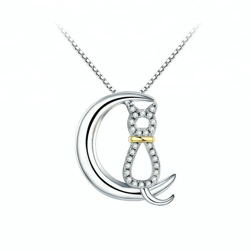 Cat in the Moon Necklaces with CZ in solid 925 Silver, Elegant and Sweet!