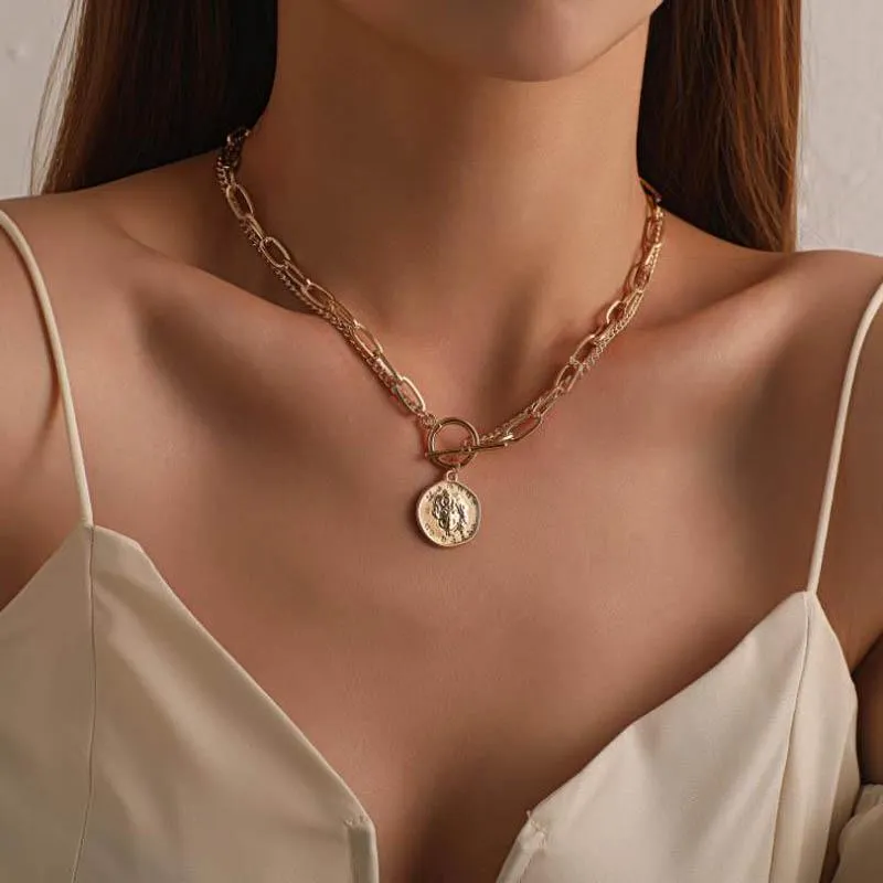 Coin Pendant Necklaces for Women Chain Layered Statement Necklace