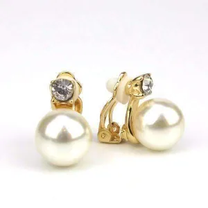 Crystal Accented Pearl Bead Clip-On Earrings In Yellow or White Gold