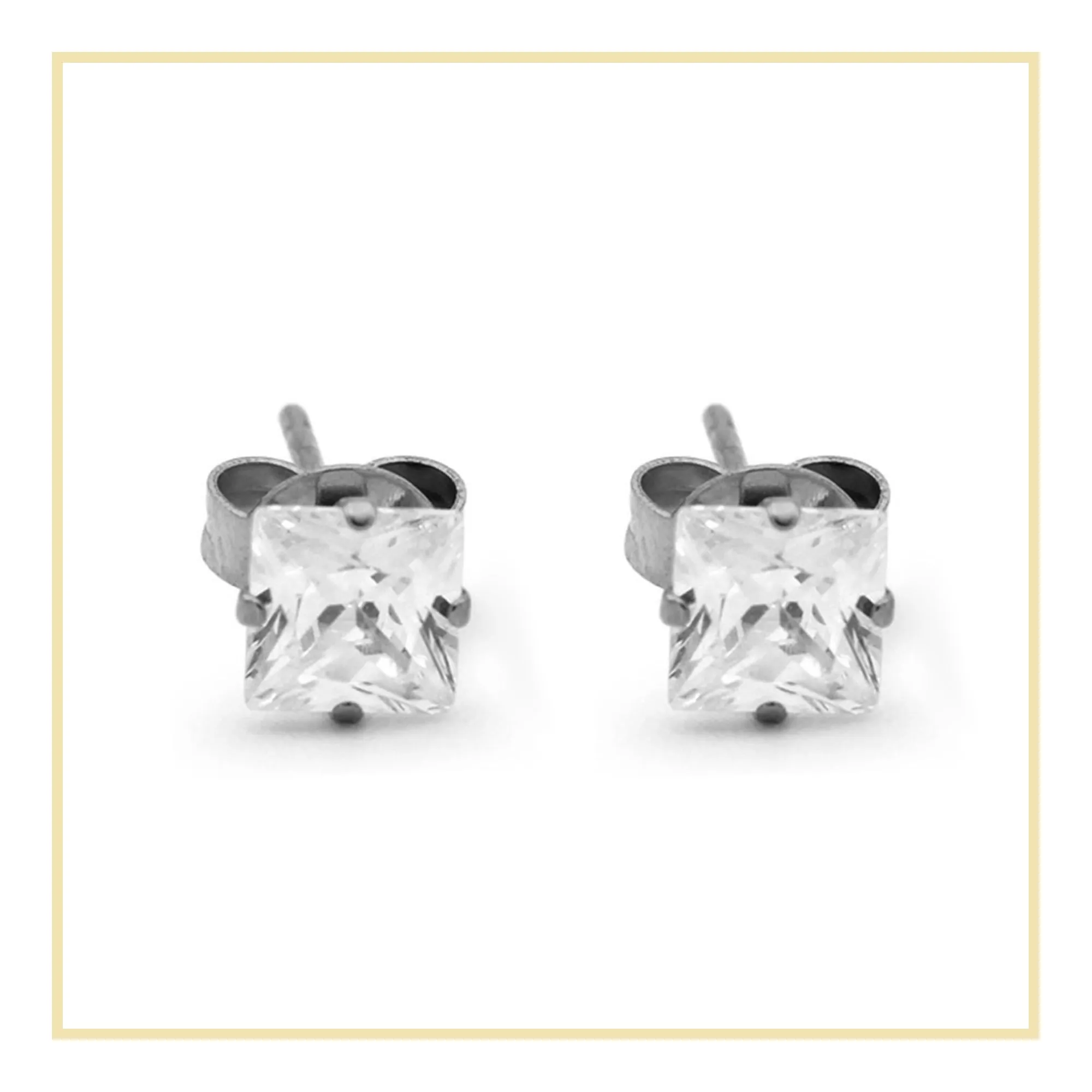 Cubic Zirconia Square Stud Earrings Stainless Steel Silver Ear Piercing Jewelry Men Women