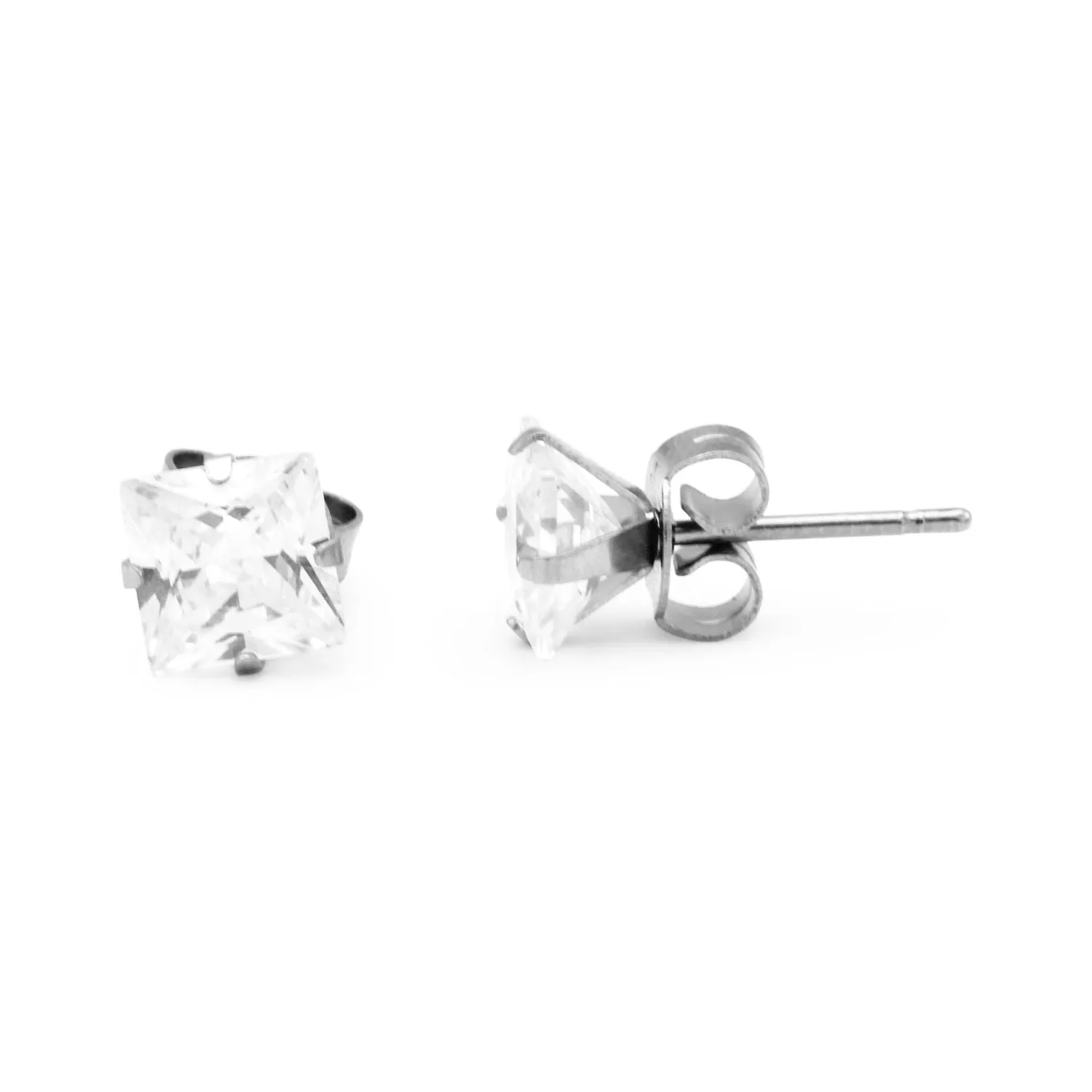 Cubic Zirconia Square Stud Earrings Stainless Steel Silver Ear Piercing Jewelry Men Women