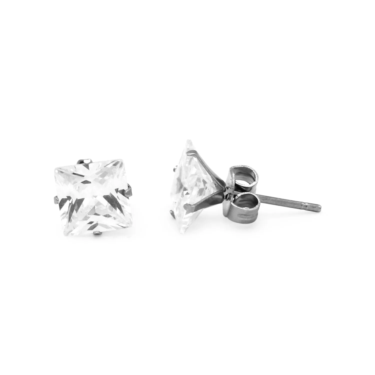 Cubic Zirconia Square Stud Earrings Stainless Steel Silver Ear Piercing Jewelry Men Women