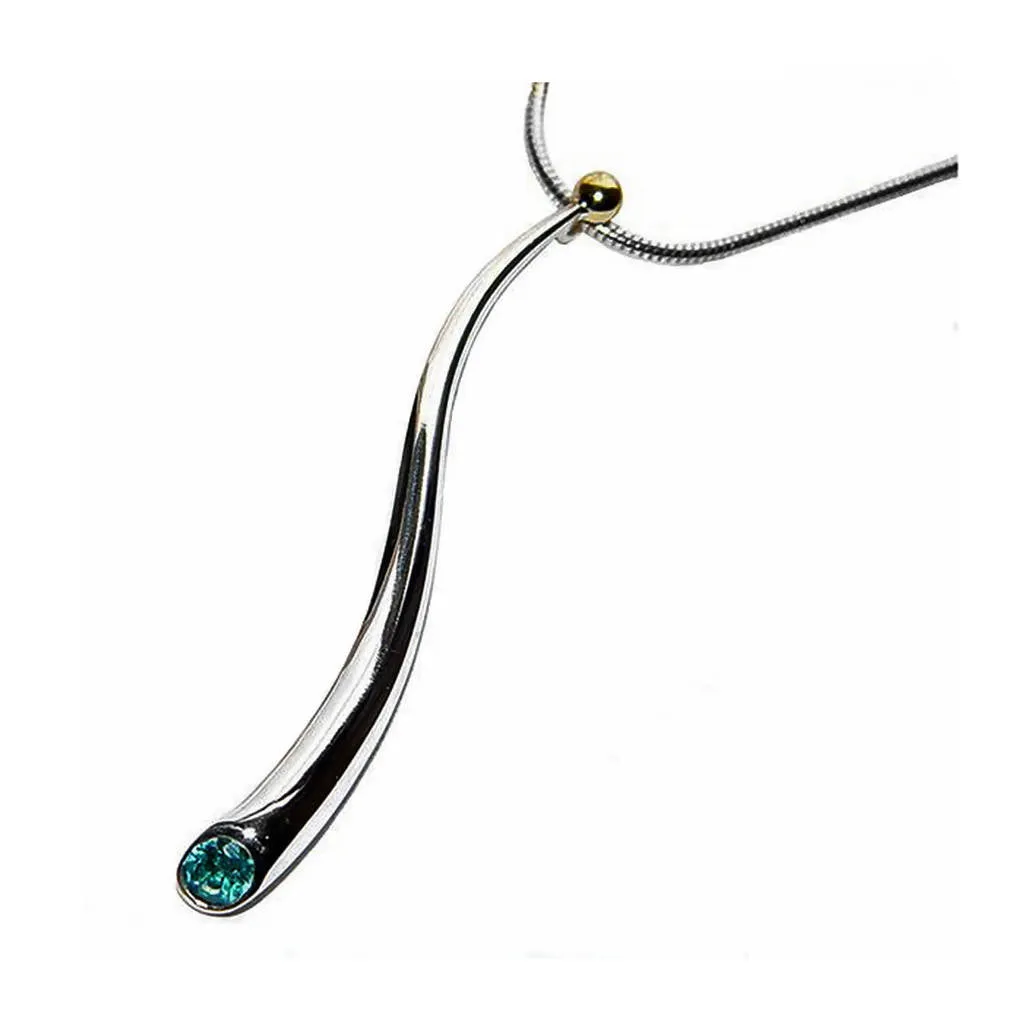 Curving silver wiggly pendant with blue topaz & 18K gold detail