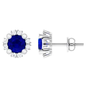 Designer Created Blue Sapphire and Diamond Halo Stud Earrings