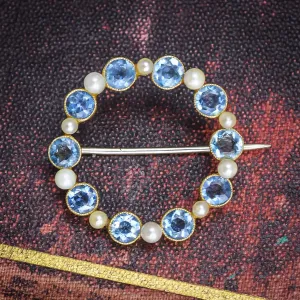 Edwardian Aquamarine & Pearl Wreath Brooch