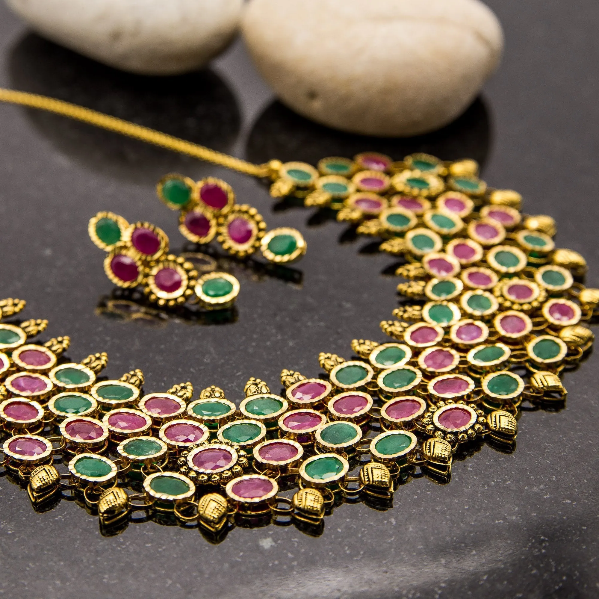 Emerald & Ruby Statement Necklace and Earrings Set in 22K Yellow Gold