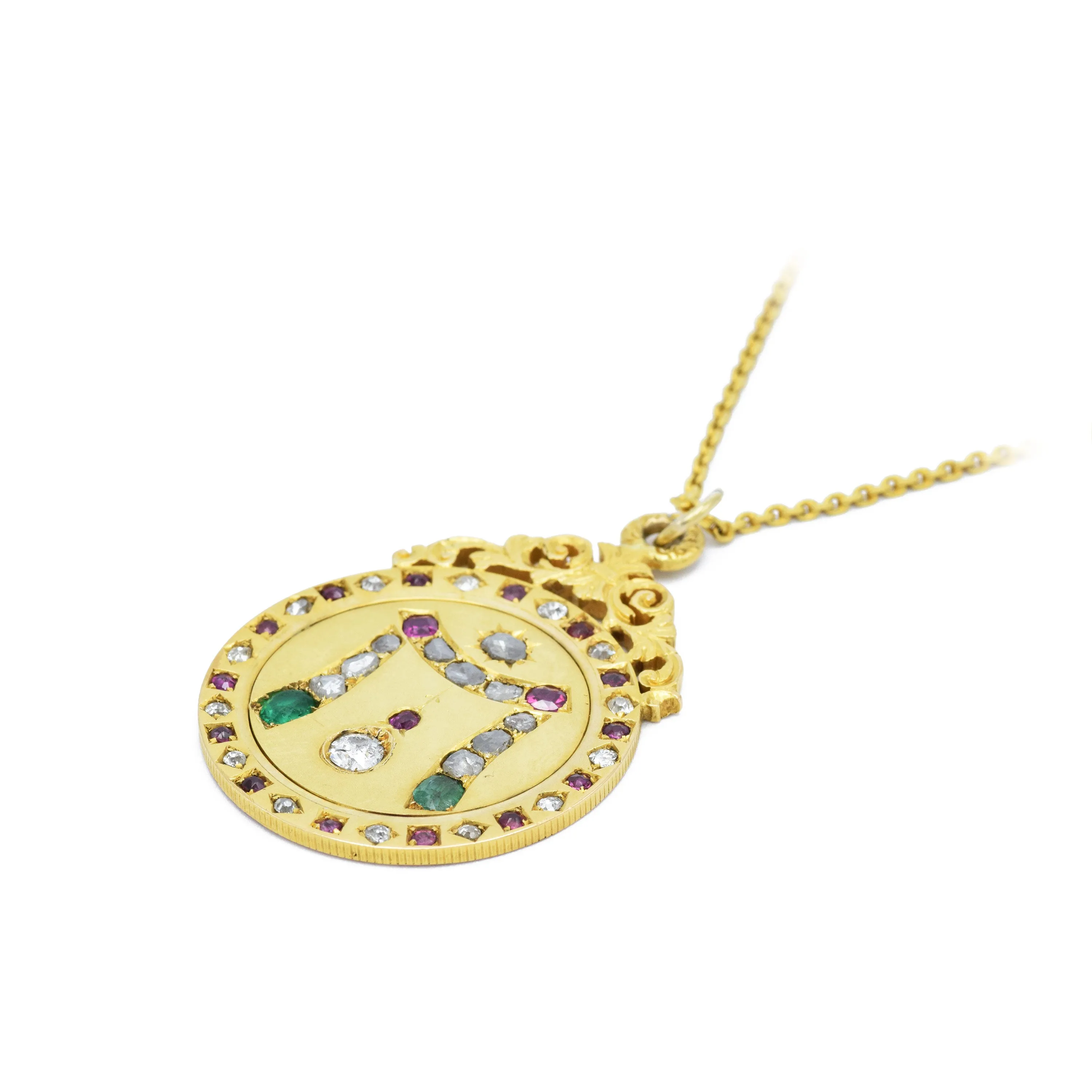 Estate 18KT Yellow Gold Diamond, Emerald, And Ruby Gold Medallion Pendant