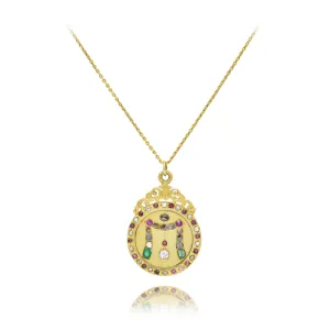 Estate 18KT Yellow Gold Diamond, Emerald, And Ruby Gold Medallion Pendant