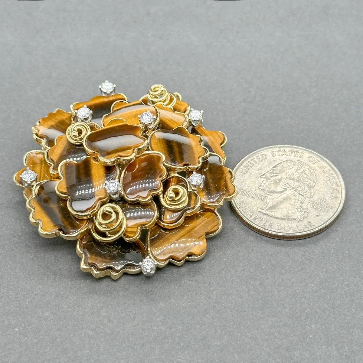 Estate Henry Dunay 18K Y Gold Tigers Eye & 0.42ctw Diamond Flower Brooch