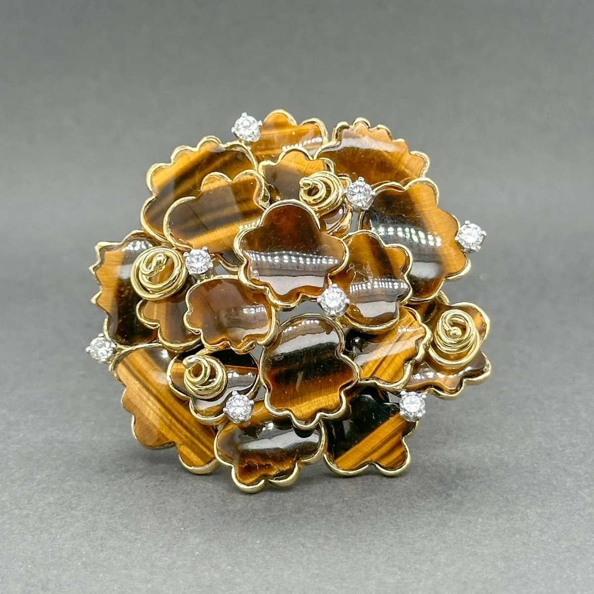 Estate Henry Dunay 18K Y Gold Tigers Eye & 0.42ctw Diamond Flower Brooch