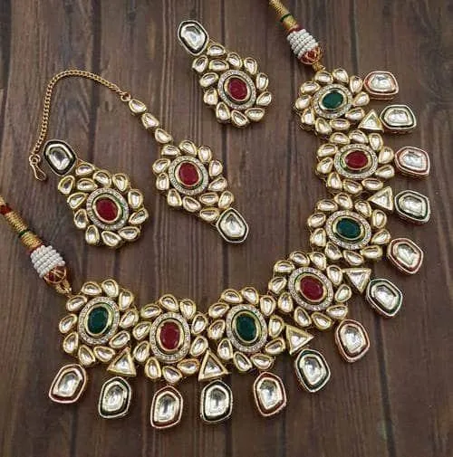 Flower Ad Kundna Pentagan Hanging Necklace Earring And Teeka Set