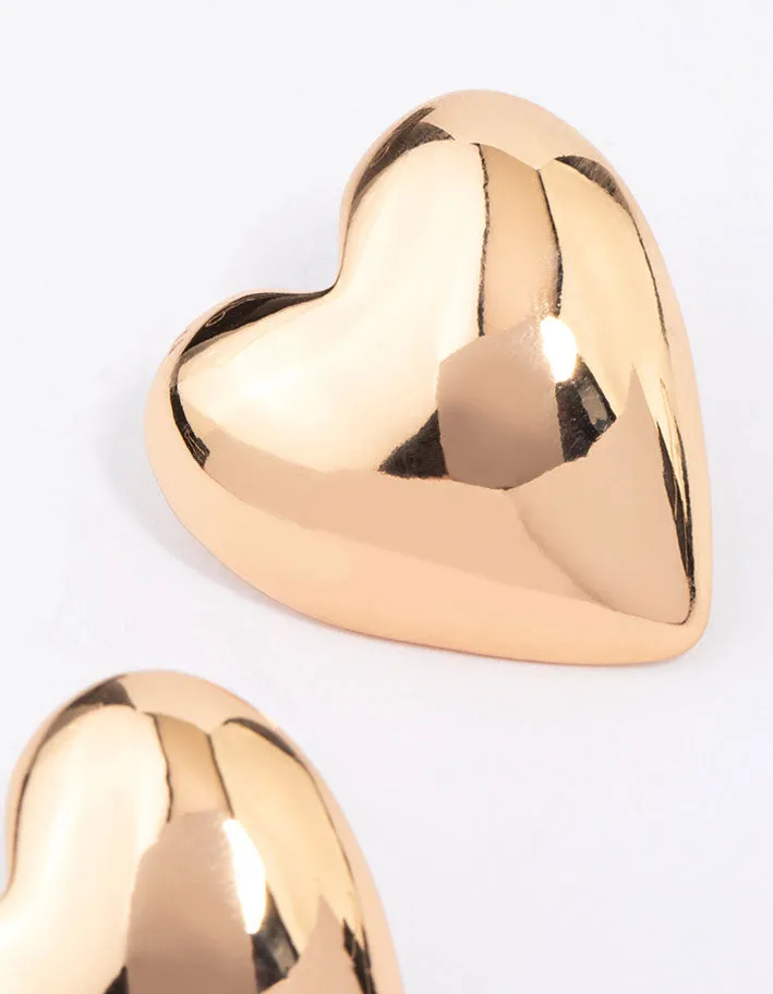 Gold Puffy Heart Stud Earrings