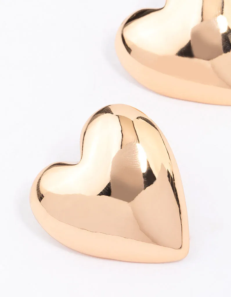 Gold Puffy Heart Stud Earrings