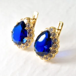 Gold Sapphire Earrings - Princess Diana Earrings - Blue Teardrop Earrings