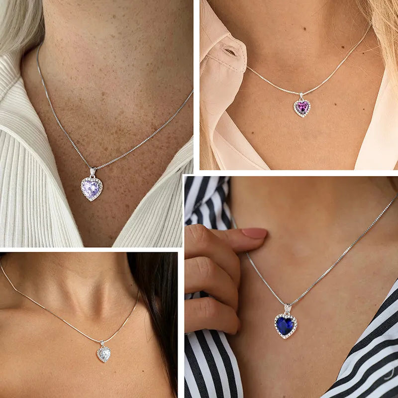 Heart Necklace Women Girls Crystal Birthstone Necklace Pendant Jewelry Birthday Gifts Sterling Silver