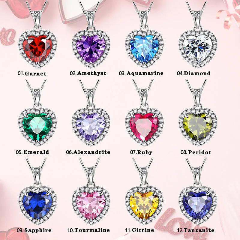 Heart Necklace Women Girls Crystal Birthstone Necklace Pendant Jewelry Birthday Gifts Sterling Silver