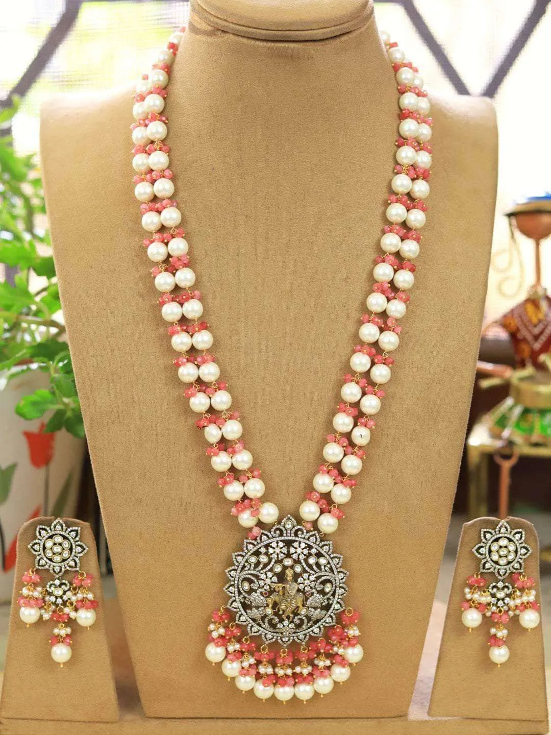 Kundan Pearl Studded Long Temple Necklace